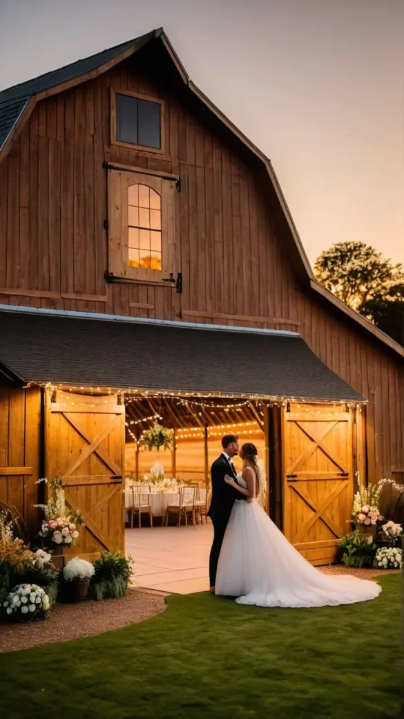 Elegant rustic barn wedding venue at sunset with string lights and wedding gowns standing at flower-adorned entrance