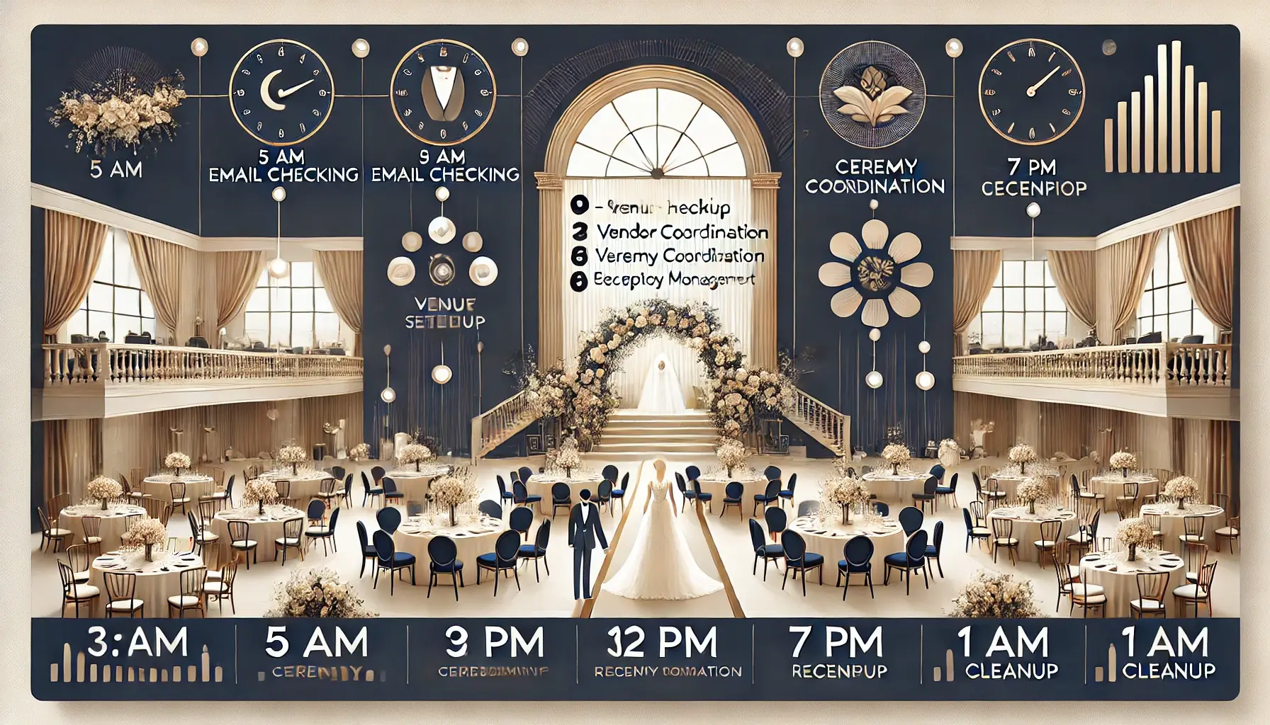 How Much Do Wedding Venues Make a Year? Industry Insights Infographic showing wedding venue owner's 20-hour workday timeline with six key business operations