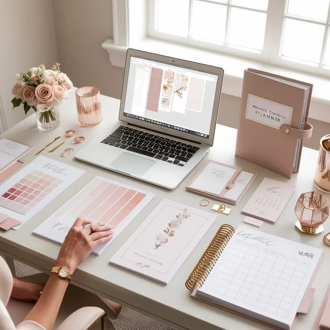 Professional wedding planner's desk with planning tools, calendar, color swatches, and wedding inspiration boards, representing the comprehensive services of wedding planning