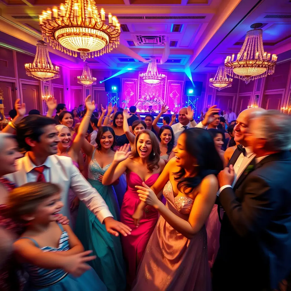 Top 59 Questions to Ask Wedding DJ for an Unforgettable Reception Diverse wedding guests dancing and celebrating at reception with professional DJ, crystal chandeliers, and dynamic lighting effects