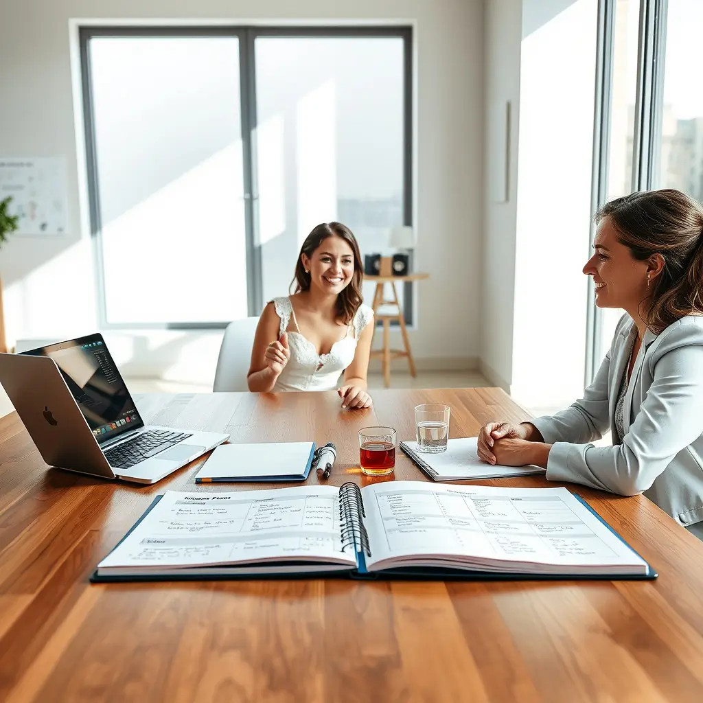 Top 59 Questions to Ask Wedding DJ for an Unforgettable Reception Wedding DJ consultation meeting showing couple and DJ discussing music selections with laptop and planning materials in sunlit modern office