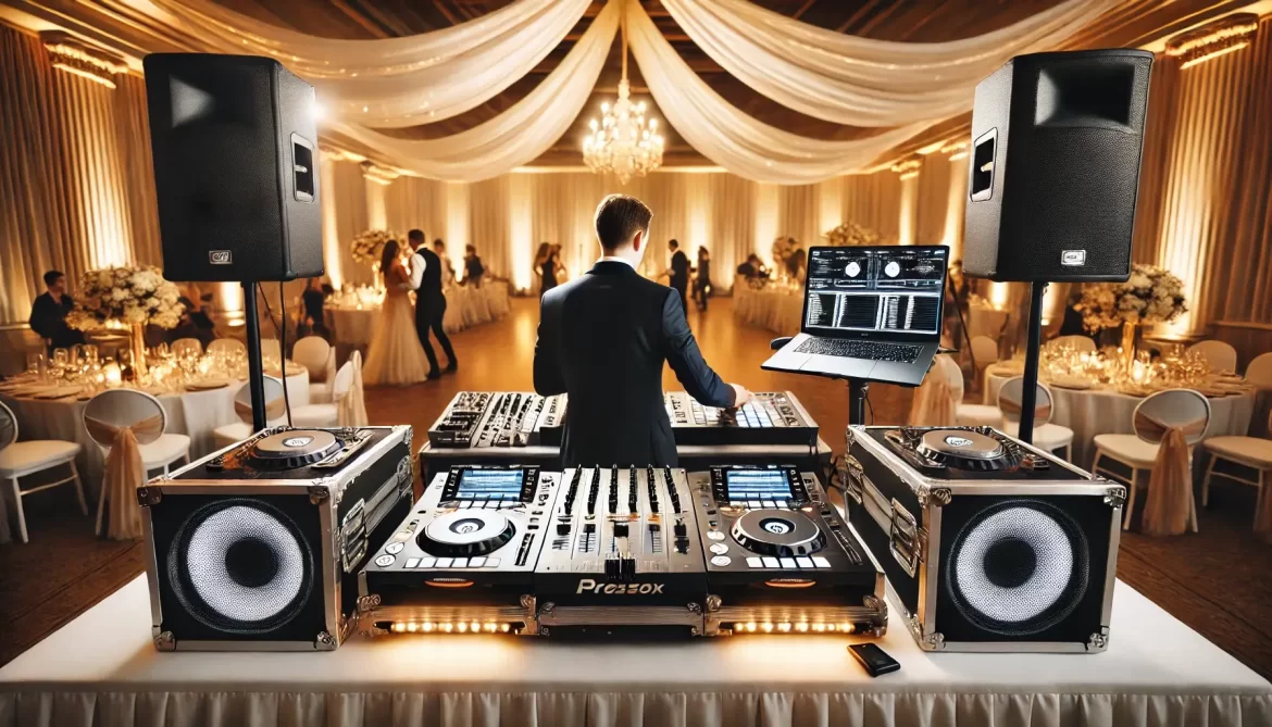 Professional wedding DJ setup featuring high-end dual turntables, mixing board, and elegant amber uplighting with well-dressed DJ and dancing guests in background