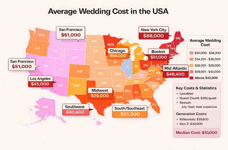 Average US Wedding Costs by State Map