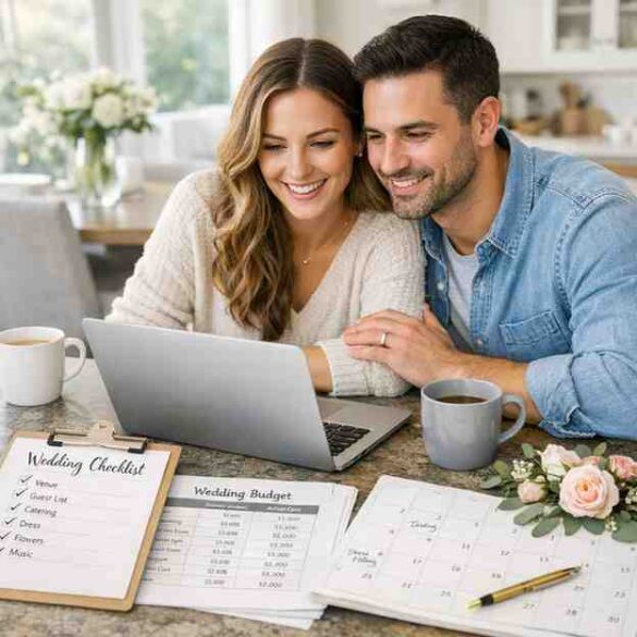 Couple organizing wedding plans with checklist and laptop at home