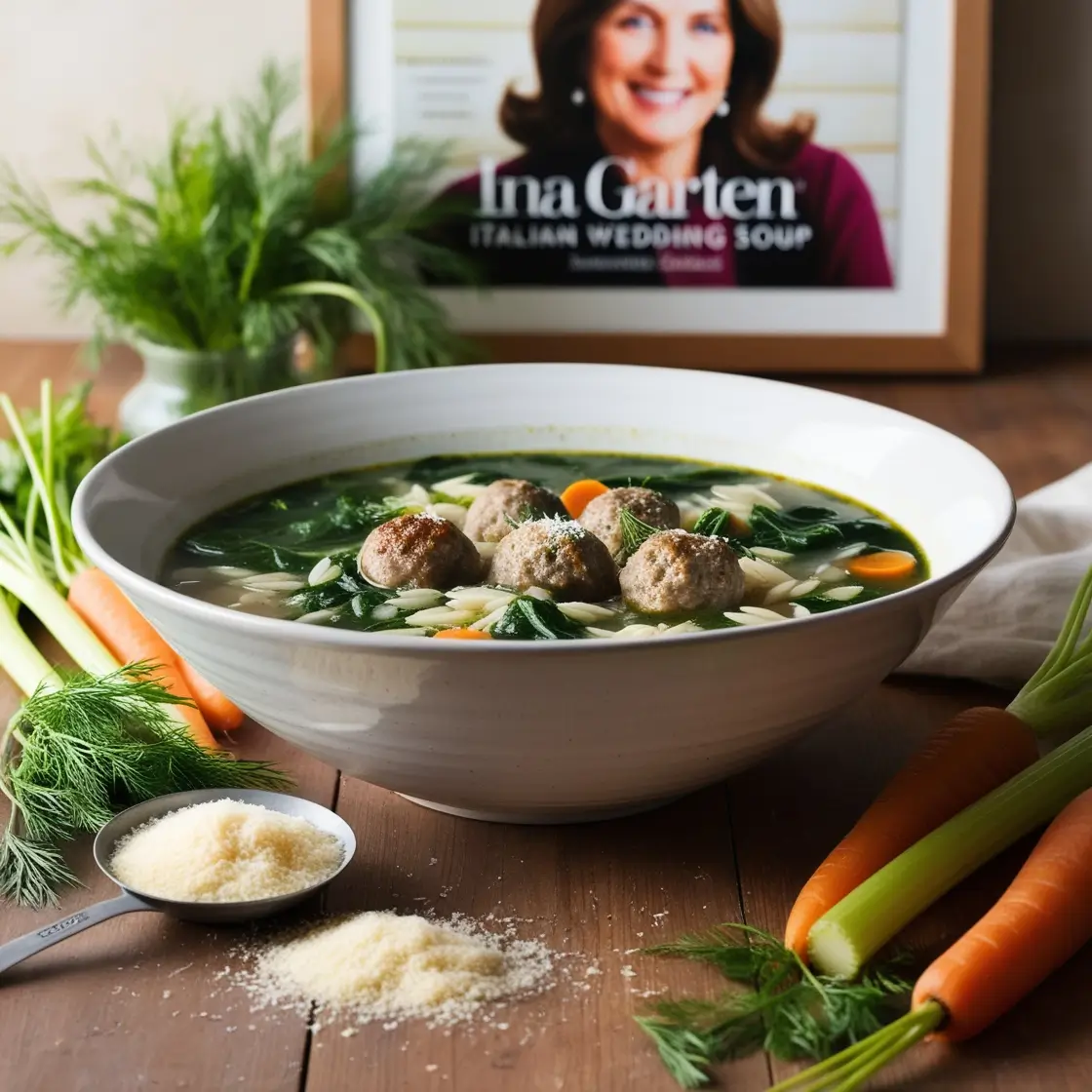 Ina Gartens Italian Wedding Soup in a white bowl, surrounded by fresh herbs and vegetables, showcasing tender chicken meatballs, spinach, and orzo pasta in a golden broth