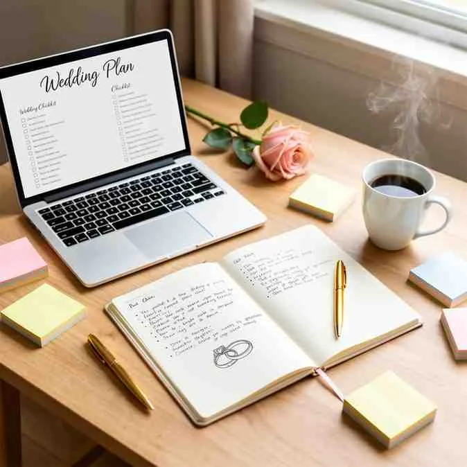 A simple wedding planning desk setup with notebook, laptop, and coffee