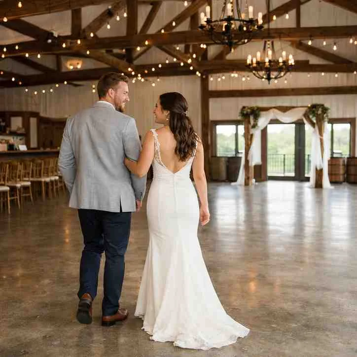 Bride and groom walking through an empty venue space during a tour