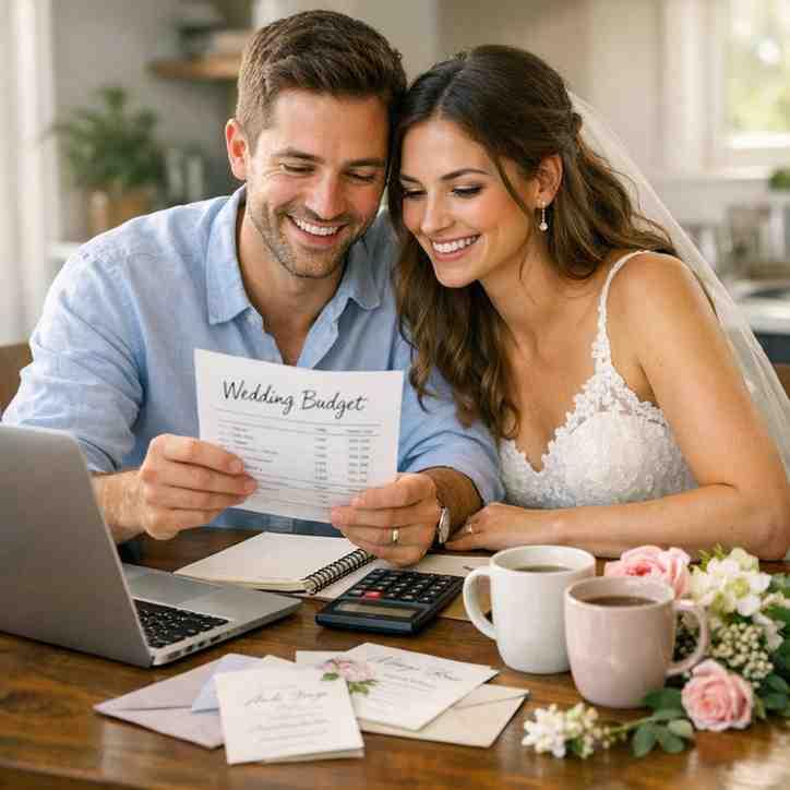 Couple planning a wedding budget at home to save money