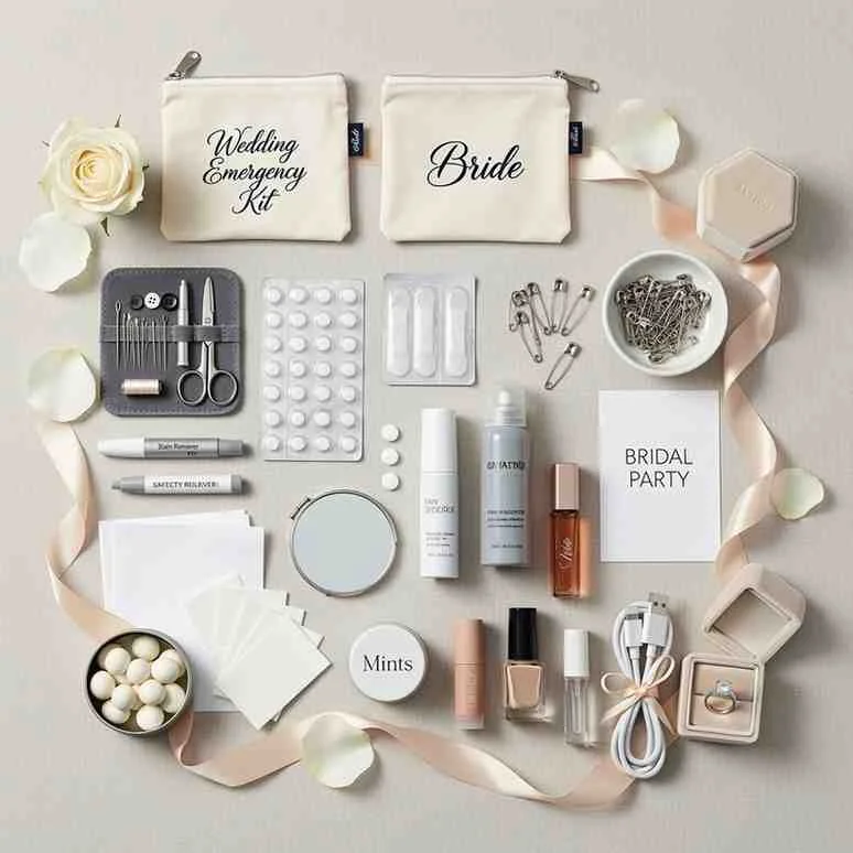 Flat lay of wedding emergency kit essentials on a table