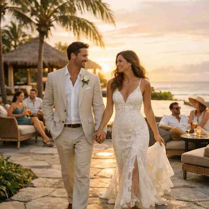 Newly married couple walking through a luxury destination wedding resort after their ceremony