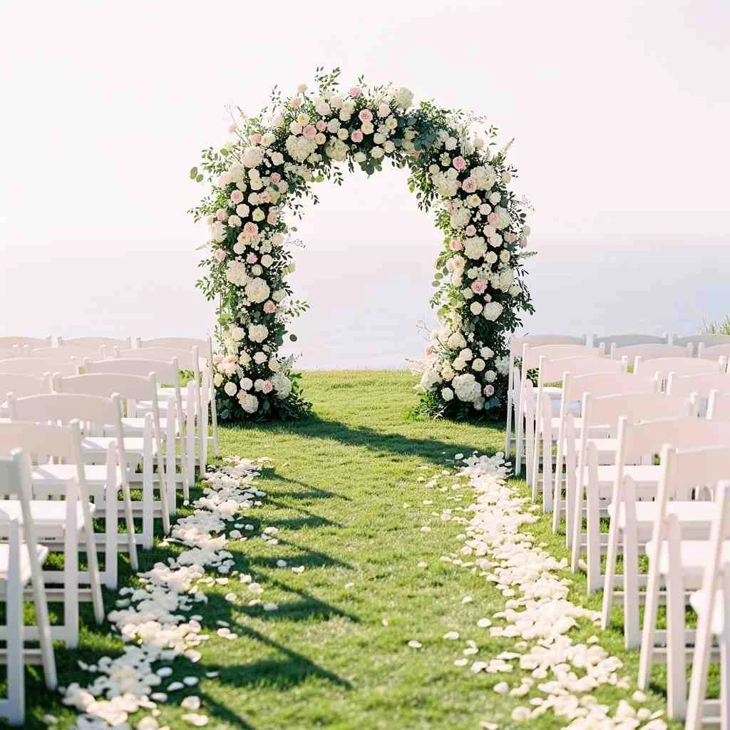 Simple ceremony setup with chairs and floral arch