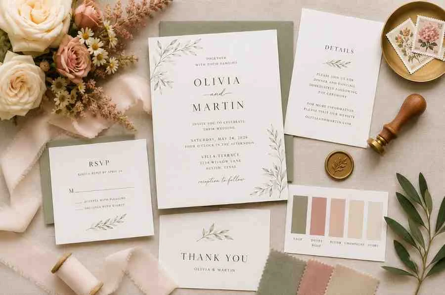 Wedding flat lay with invitations and color swatches