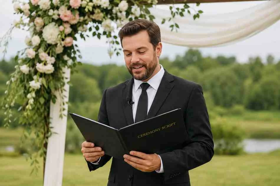 Wedding officiant holding ceremony script outdoors