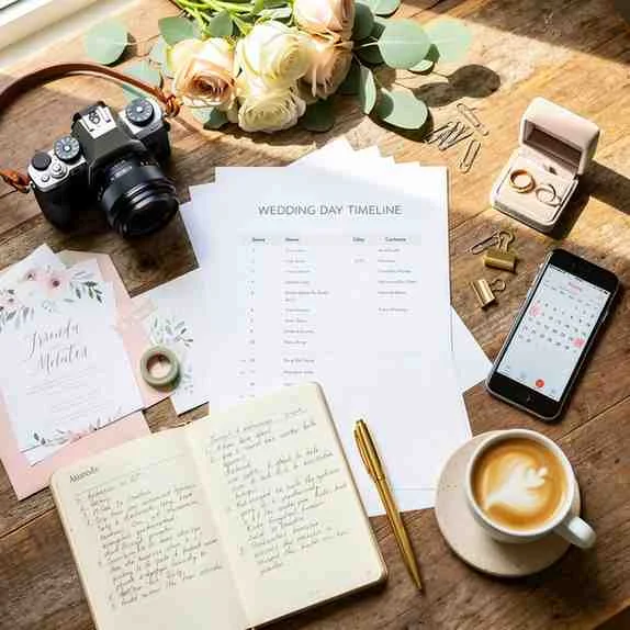 Wedding timeline and photography checklist on a planning table